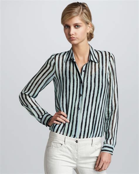 theory striped silk blouse in black green lyst