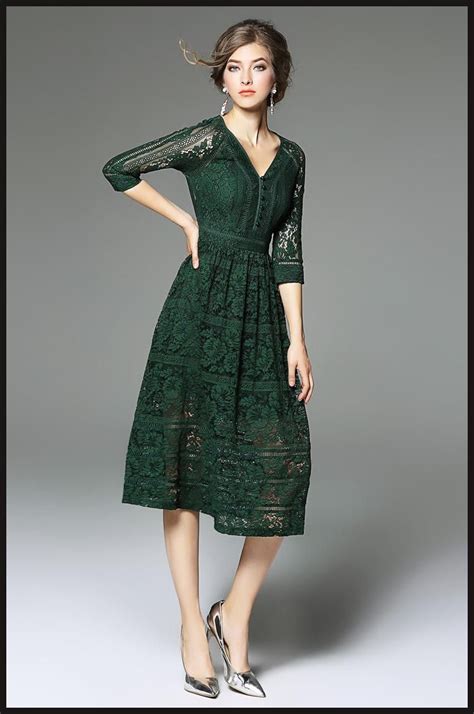 Dark Green Lace Dress 34 Sleeves V Neck A Line 2017 Spring Long Dresses In Stock Ladies Formal