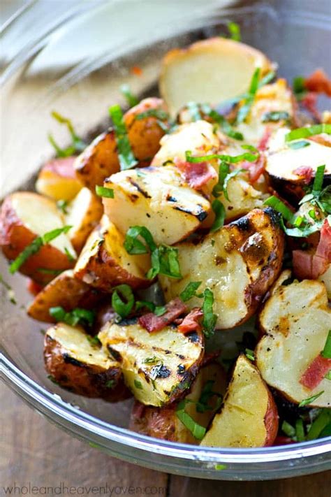 Red bell pepper, prepared horseradish, ground black pepper, dijon mustard and 9 greek yogurt potato salad with parsley and dillhalf her size. Grilled Red Potato Salad with Bacon Basil Dressing