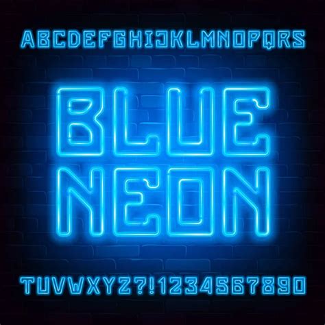 Blue Neon Alphabet Font Bright Neon Letters Numbers Brick Wall Stock