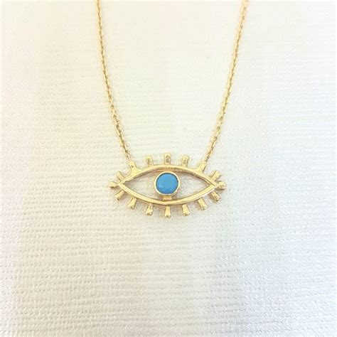 K Real Solid Yellow Gold Turquoise Evil Eye Pendant Necklace For