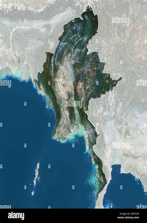 Satellite View Of Myanmar With Country Boundaries And Mask This
