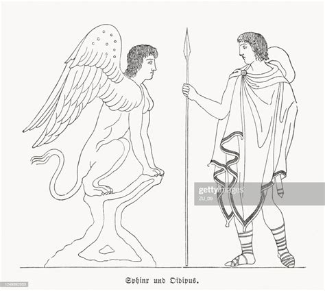 Sphinx And Oedipus Greek Mythology Wood Engraving Published In 1868 High Res Vector Graphic