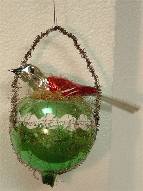 Victorian Mercury Silvered Glass Bird On Nest Christmas Ornament With