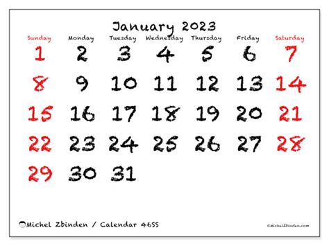 January 2023 Printable Calendar “501ss” Michel Zbinden Bz