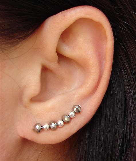 Ear Pins Faceted Bling Silvery Crystals And Silver Beads Pair
