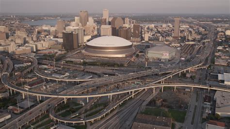 5k Stock Footage Aerial Video Reverse View Of Superdome And Downtown