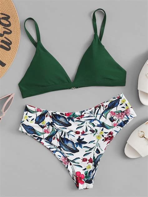 Random Tropical Mix And Match Bikini Set Sheinsheinside Green Bikini Bikini Set Bikini