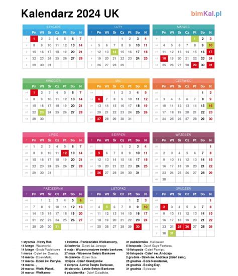 Kalendarz Uk 2024 Rok Angielski Kalendarz Dla Wielkiej Brytanii I