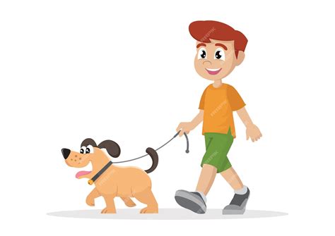 Personaje De Dibujos Animados Niño Caminando Con Perro Vector Premium