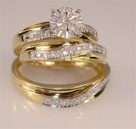 14k Yellow Gold Fn Trio Set His And Hers Diamond Engagement Bridal Wedding Ring G Wedding