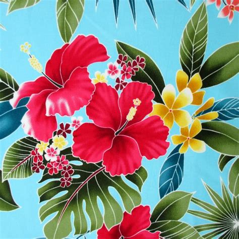 Fabrichawaiian Tropical Floral Hibiscus In Turquoise By The Yard