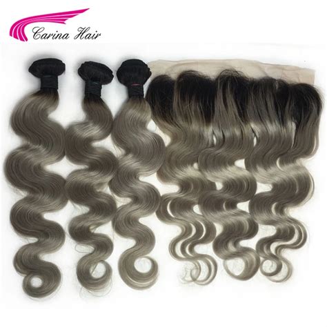 Carina Remy Hair Ombre Grey Color Hair Wefts 3 Bundle With 134 Lace