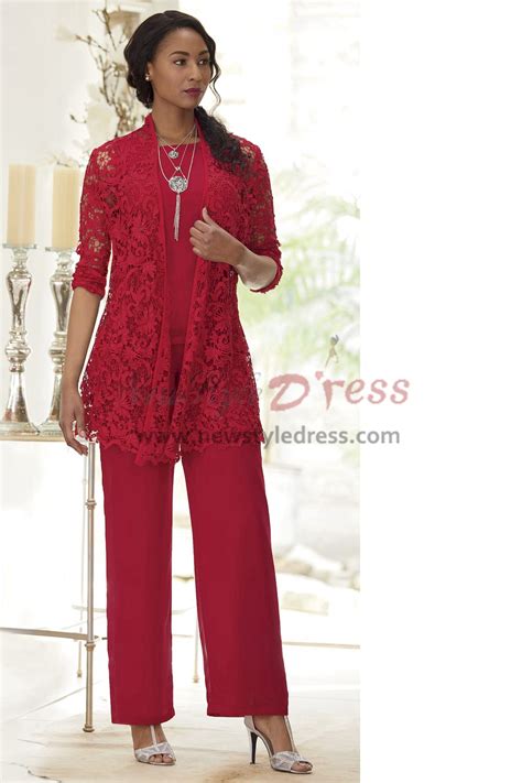 Red Lace Mother Of The Bride Pant Suit Dress 3 Pc Elastic Waist Trouser