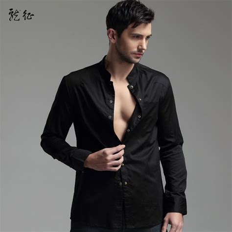 modern mandarin collar snap button shirt black