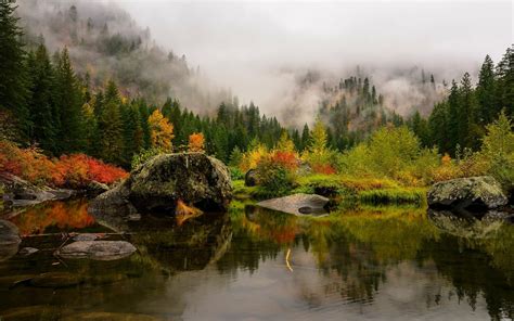 2809820 Nature Landscape Lake Mountain Forest Fall Mist Sunset Water