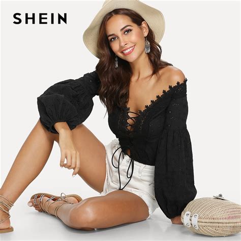Buy Shein Black Elegant Sexy Lace Trim Plunge Neck