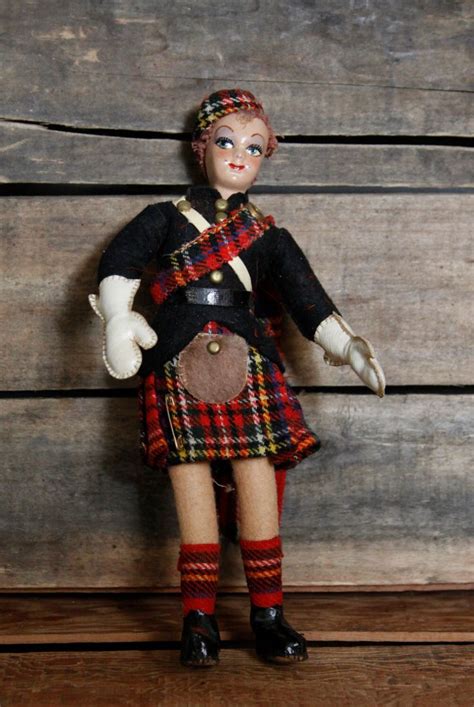 Vintage Scotsman In Kilt Doll Unusual Rare Male Doll Leather Gloves