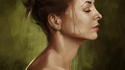 Women Bare Shoulders Hairbun Brunette Closed Eyes Thomas BIGNON Profile ArtStation Side