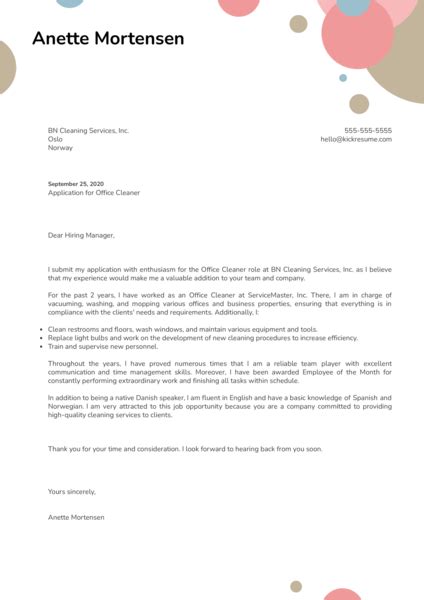 Maybe you would like to learn more about one of these? Office Cleaner Cover Letter Example | Kickresume