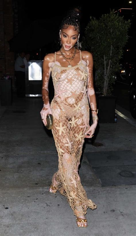 winnie harlow in a see through dress arrives to her birthday dinner at tao in hollywood celeb
