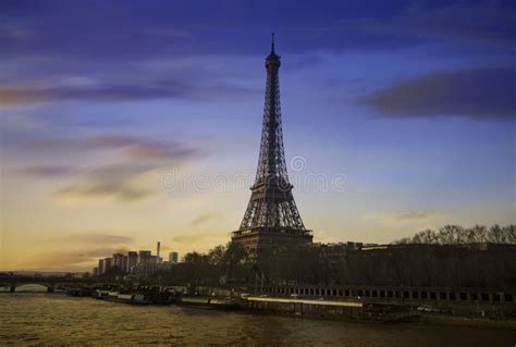 Eiffel Tower And Seine River In The Sunset Sky Scene Editorial Stock
