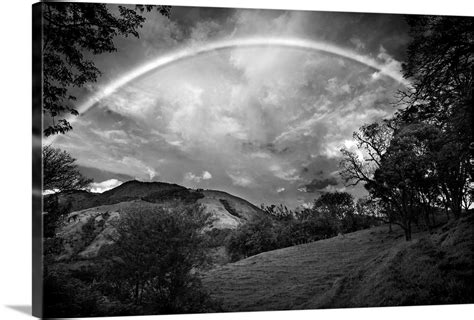 Green Field With Clouds And Rainbow Black And White Wall Art Canvas