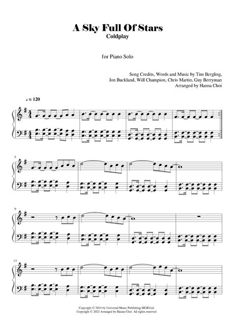 A Sky Full Of Stars Arr Hanna Choi Sheet Music Coldplay Easy Piano