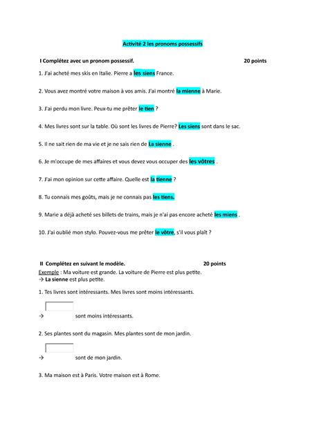 Activité 202 20FR5 Apuntes Pronom possessifs Activité 2 les pronoms