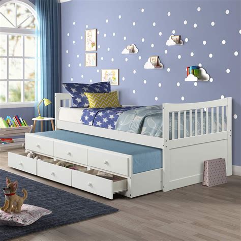 Twin Captains Bed Storage Daybed With Trundle And Drawers For Kids