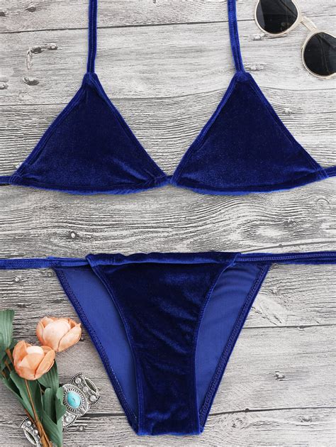 [15 Off] 2021 Halter Velvet Thong Bikini Set In Sapphire Blue Zaful