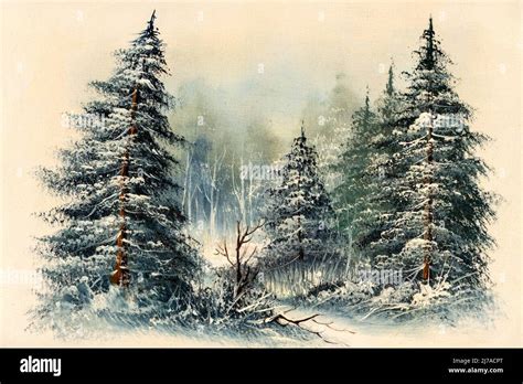Winter Landscape Winter Stream Evergreen Original Watercolor Painting
