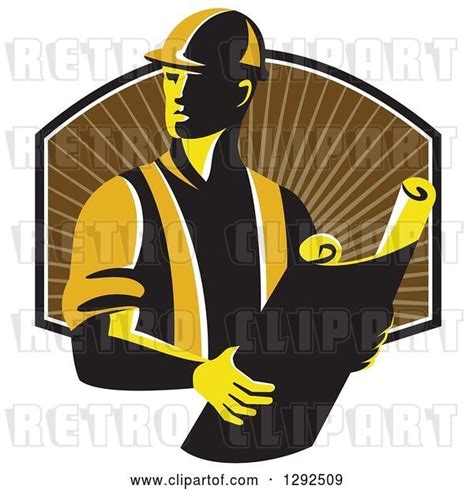 Vector Clip Art Of Retro Male Construction Worker Foreman Holding Plans