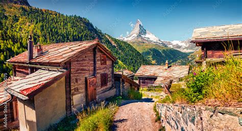 Adorable Summer Morning In Zermatt Village With Matterhorn Monte