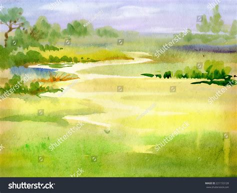 Watercolor River Nature Landscape Stock Illustration 221153128