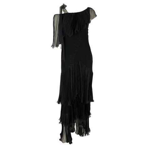 2000s Emanuel Ungaro Black One Shoulder Ruffle Tiered Silk Dress For