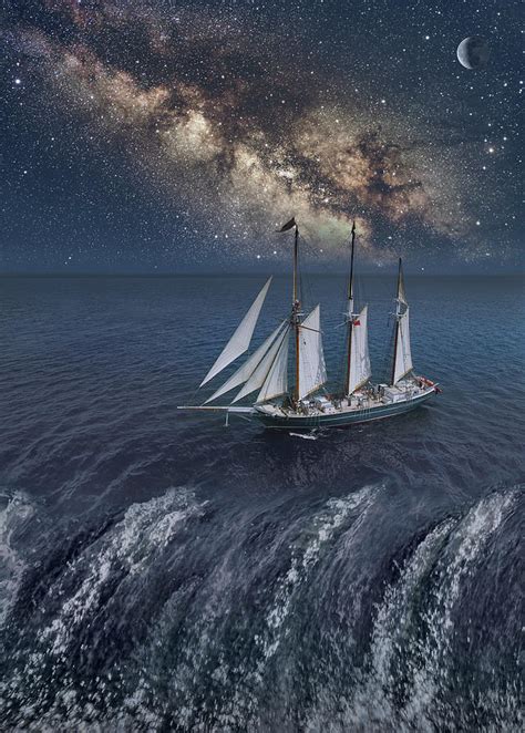 Tall Ship Sailing To The Edge Of The Earth Under Starry Night Sky