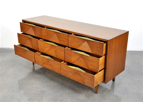 Mid Century Modern Diamond Front Walnut And Brass Triple Dresser At 1stdibs