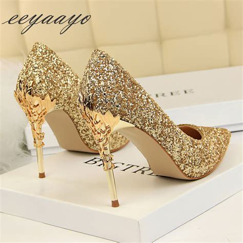 2019 new spring women pumps high thin heels pointed toe metal decoration sexy bling bridal