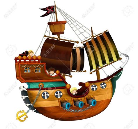 An Image Of A Pirate Ship On White Background Stock Photo