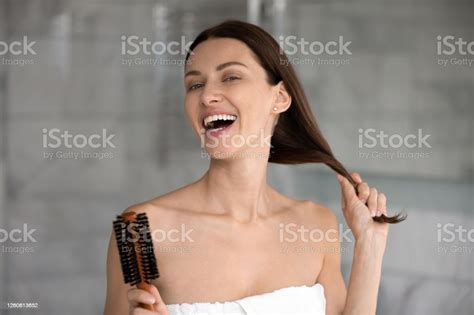 Headshot Portrait Woman Holding Hairbrush Combing Her Strong Healthy