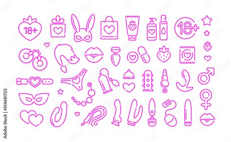 Vetor De Vector Sex Toys Shop Icons In Minimalistic Linear Flat Style Adult Store Logo With