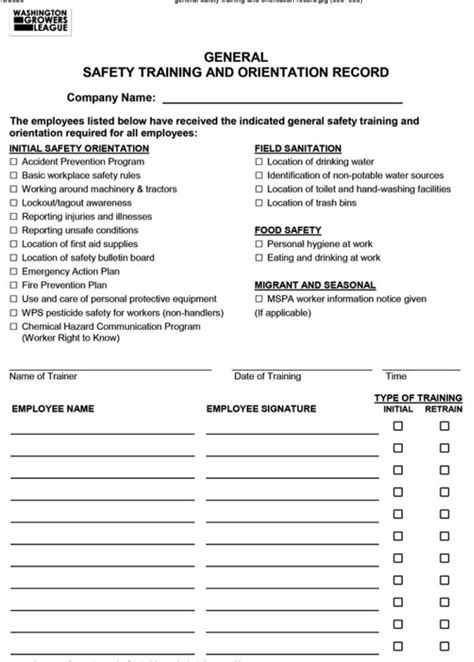 General Safety Trainingand Orientation Record Washington Growers League