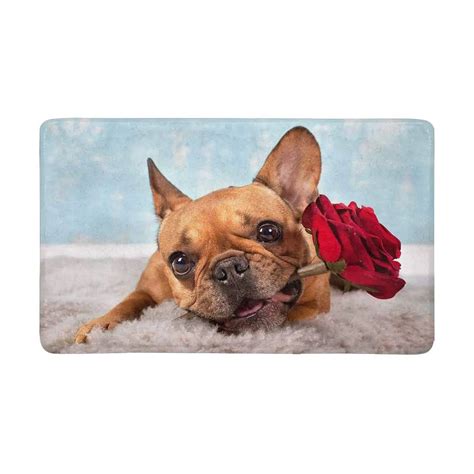Brown French Bulldog With Red Rose Doormat Indoor Entrance Rug Floor