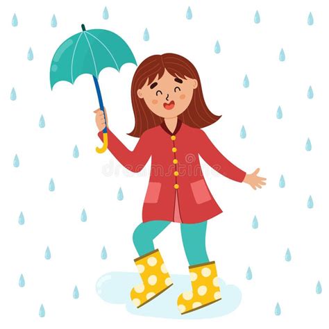 Cute Girl Enjoying The Rain Kid Wearing A Raincoat With Umbrella Stock