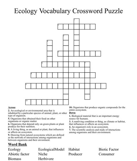 Ecology Vocabulary Crossword Puzzle Wordmint