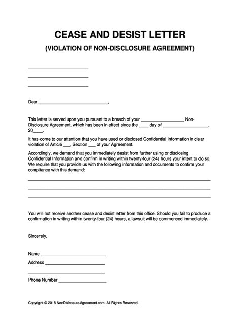 fillable online nda violation cease and desist letter non disclosure fax email print
