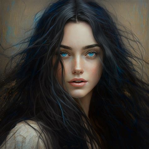 A Painting Of A Woman With Long Black Hair And Blue Eyes Wearing A