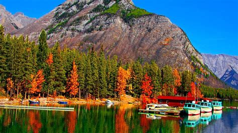 Fall Colors On Lake Banff In Canada Boats Hd Wallpaper