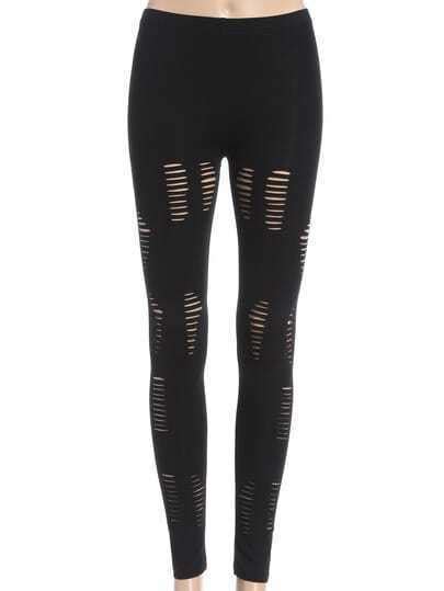 Black Slim Ripped Knit Leggings SheIn Sheinside